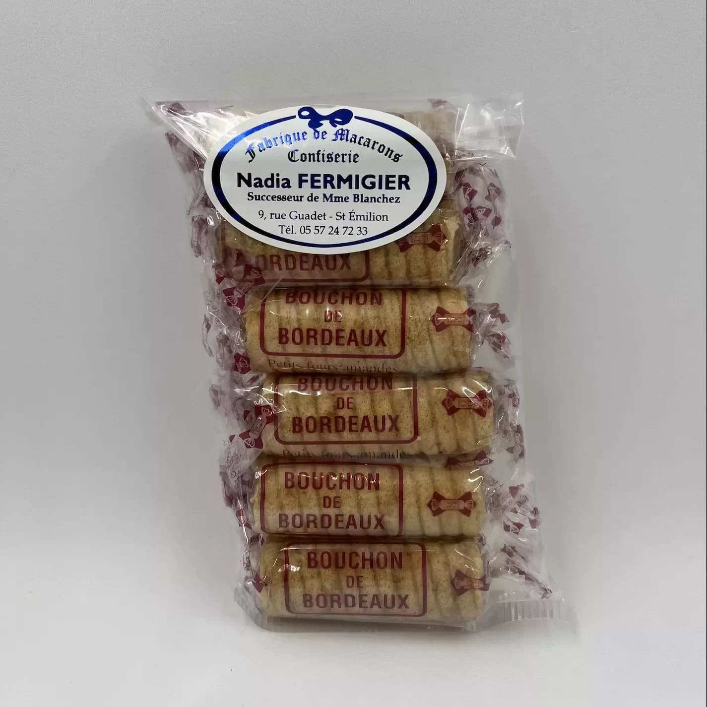 A bag of bouchons de Bordeaux with the workshop’s label